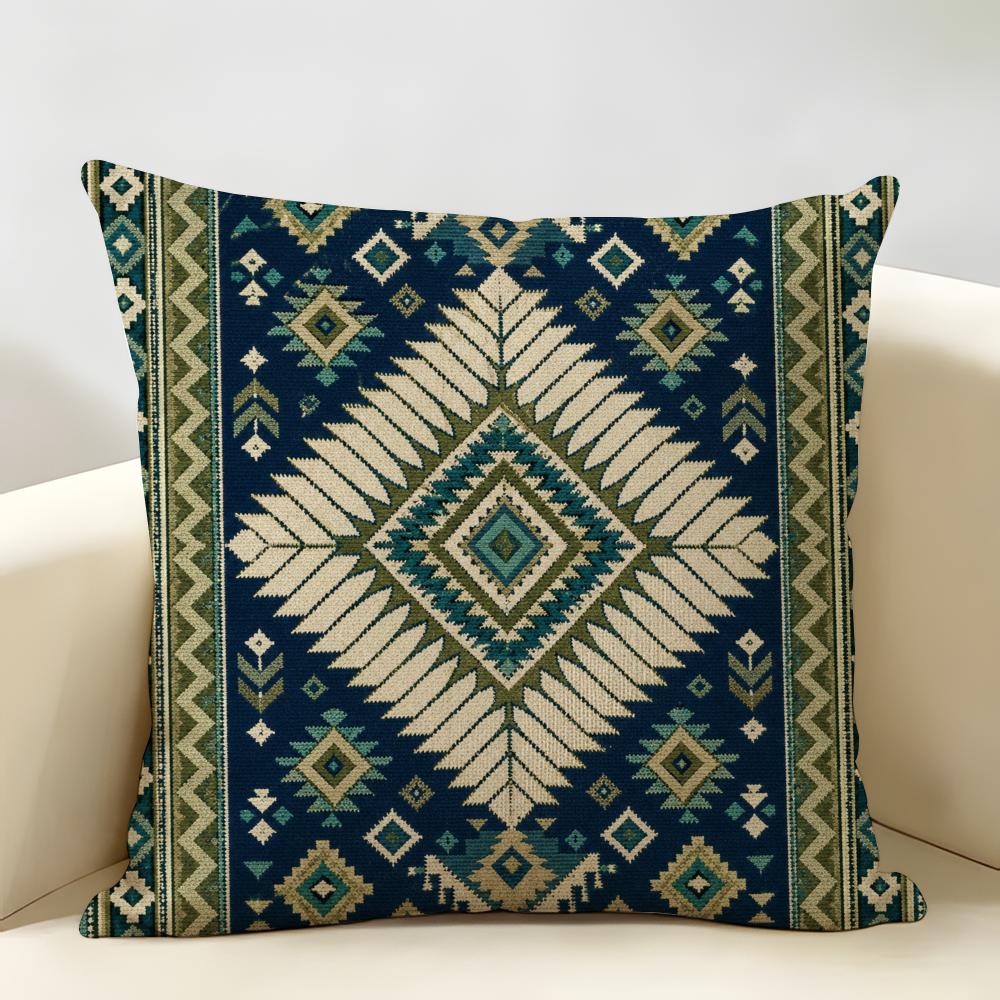 Blue Green Striped Diamond Pattern Cushion Cover Natural Linen Organic Fabric Double-Sided Printing Breathable For Home Decor