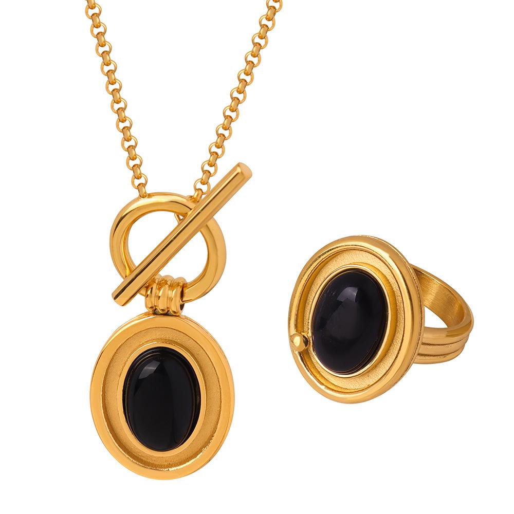 Exquisite Agate Pendant OT Clasp Necklace & Personalized Titanium Steel 18k Gold Ring Set