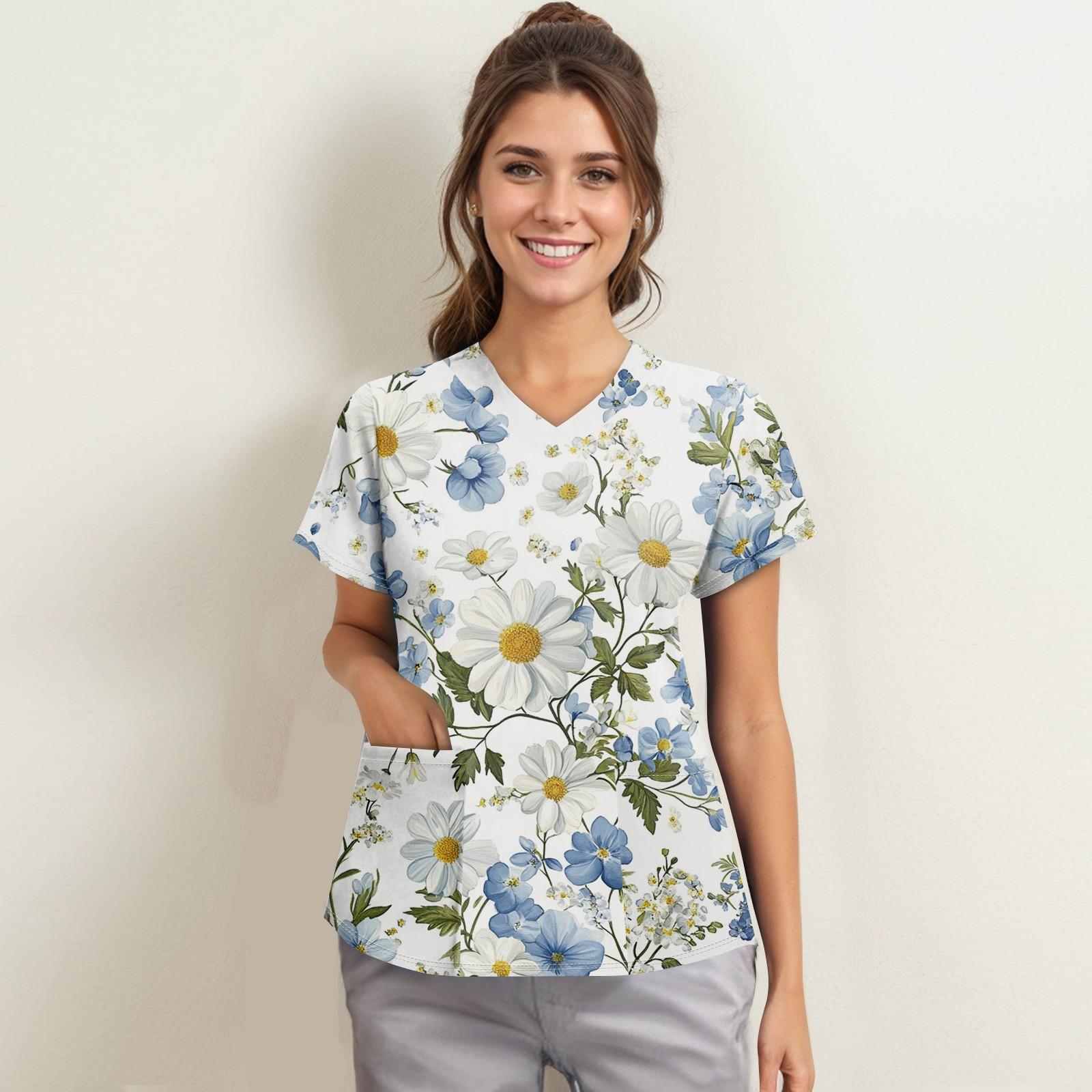 

Women s Fashion V-neck Short Sleeve Workwear With Pockets Printed Tops XL білий