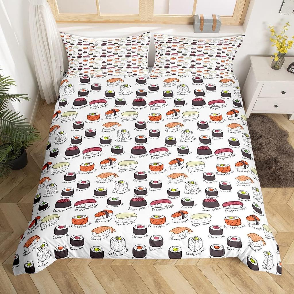 Sushi Duvet Cover Twin Japanese Cherry Blossoms Bedding Set for Girls Boys Room Decor Kawaii Sushi Japan Food Comforter Cover