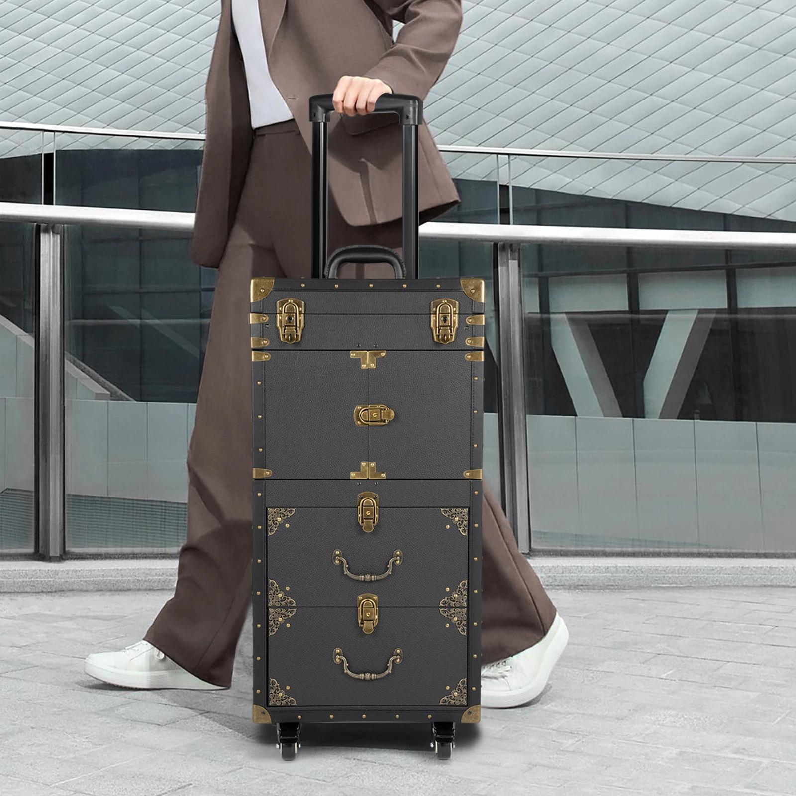 

Black Vintage Style Tie Bar Hairdressing Case - 3 Layer Multi Functional Rolling Beauty Tool Storage Box with Wheels for Salon чёрный