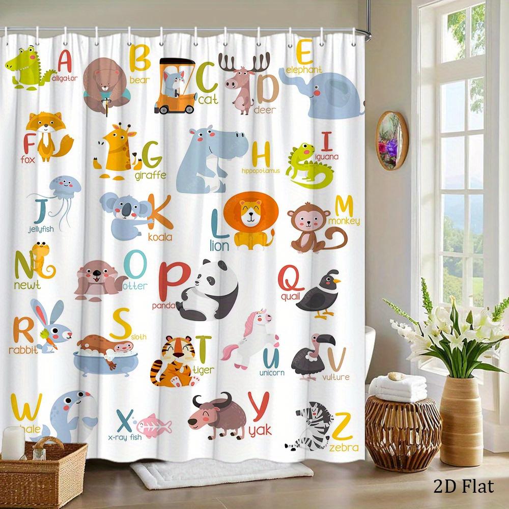 Animal Alphabet Shower Curtain Cute Cartoon Animals A-Z Print Polyester Bath Curtain with Hooks for Kids Bathroom Decor
