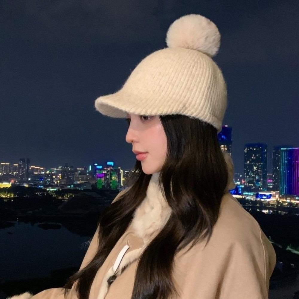 Solid Color Warm Wool Cap Thermal Ear Protection Hat Cute Pompom Plush Beanie Winter