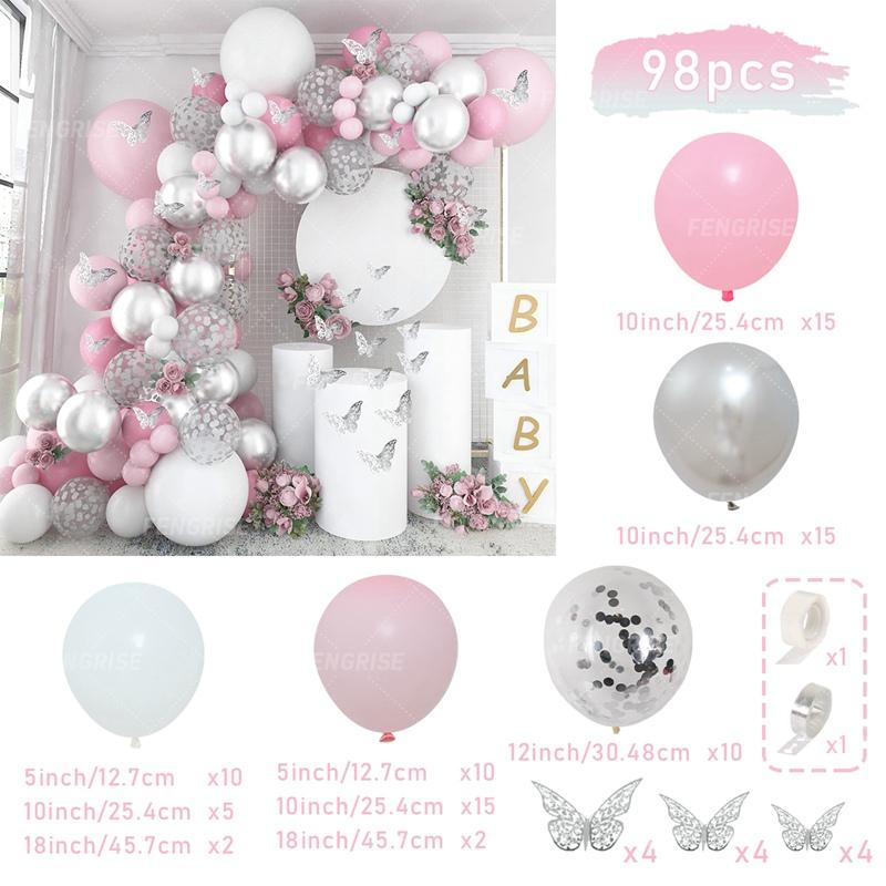 

98pcs Pink Silver Butterfly Balloon Garland Arch Kit Birthday Party Decoration Kids Wedding Decor Baby Shower Girl Latex Baloon balloon set