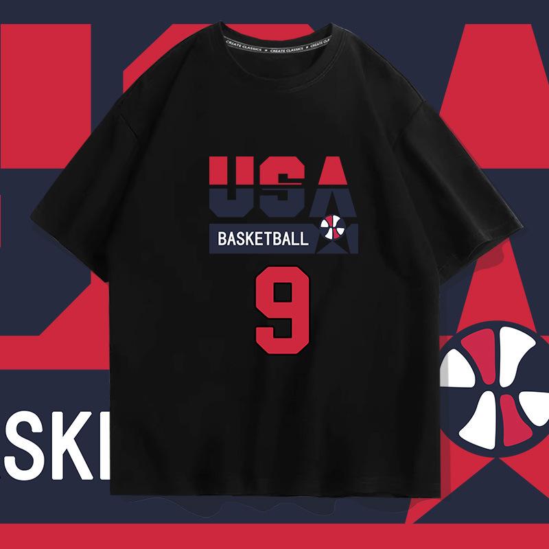 US National Team Basketball No. 9 Cotton Short-sleeved T-shirt Men's and Women's Summer Tide Brand Loose Shoulder Half-sleeved Top