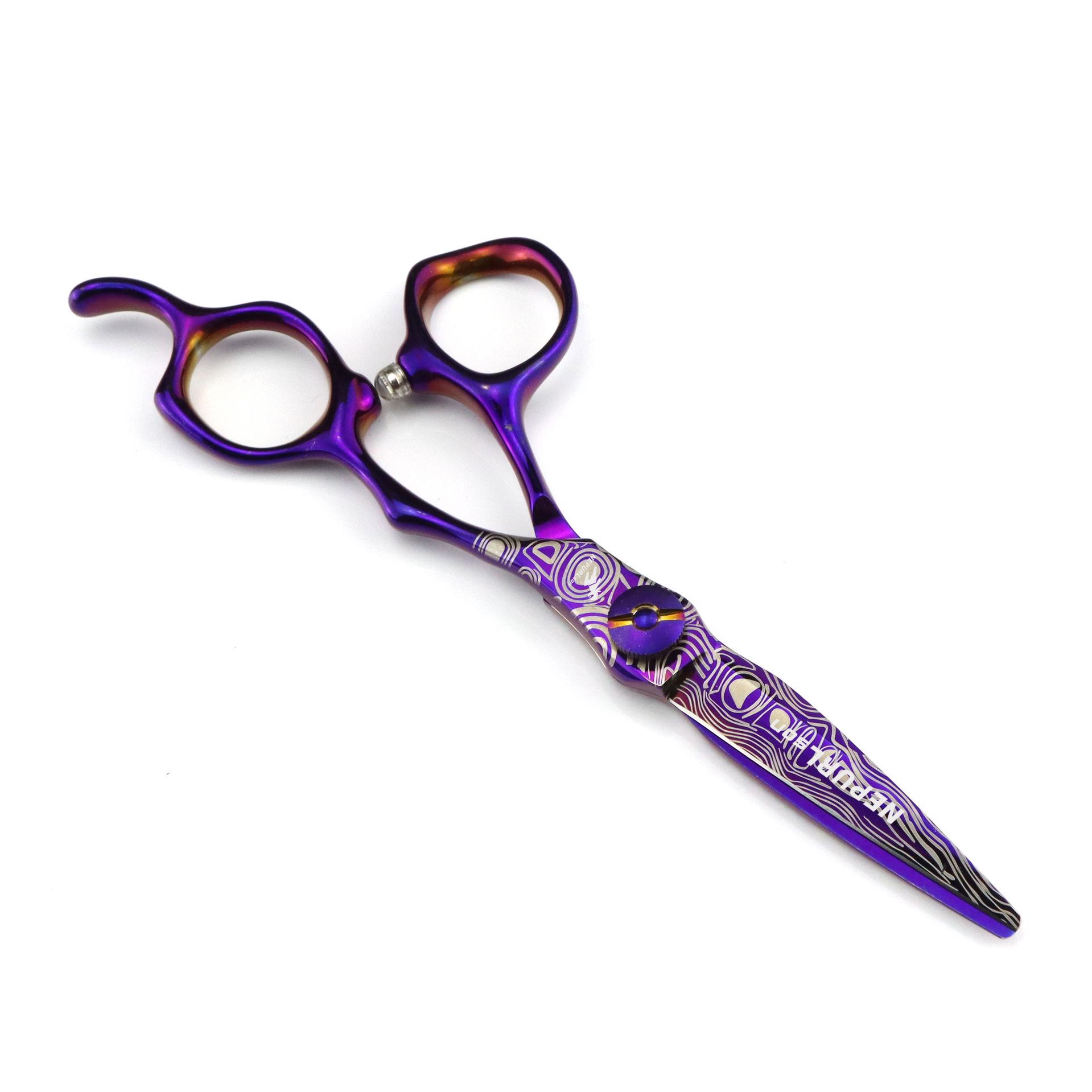 Napson Damascus Steel Hairdressing Scissors Set: Purple 6.0 & 7.0 Inch Thinning & Barber Scissors