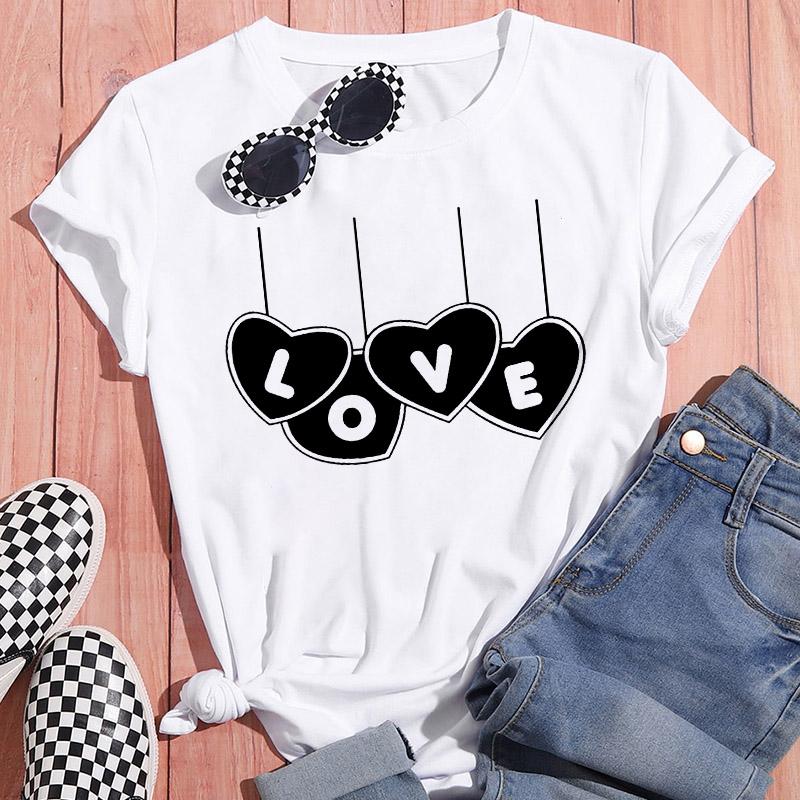 Sportswear Feminine Short Sleeve White Tshirt Clothes Heart Graphic Print T-Shirt Leisure Summer O-Neck Oversized Top Popular T