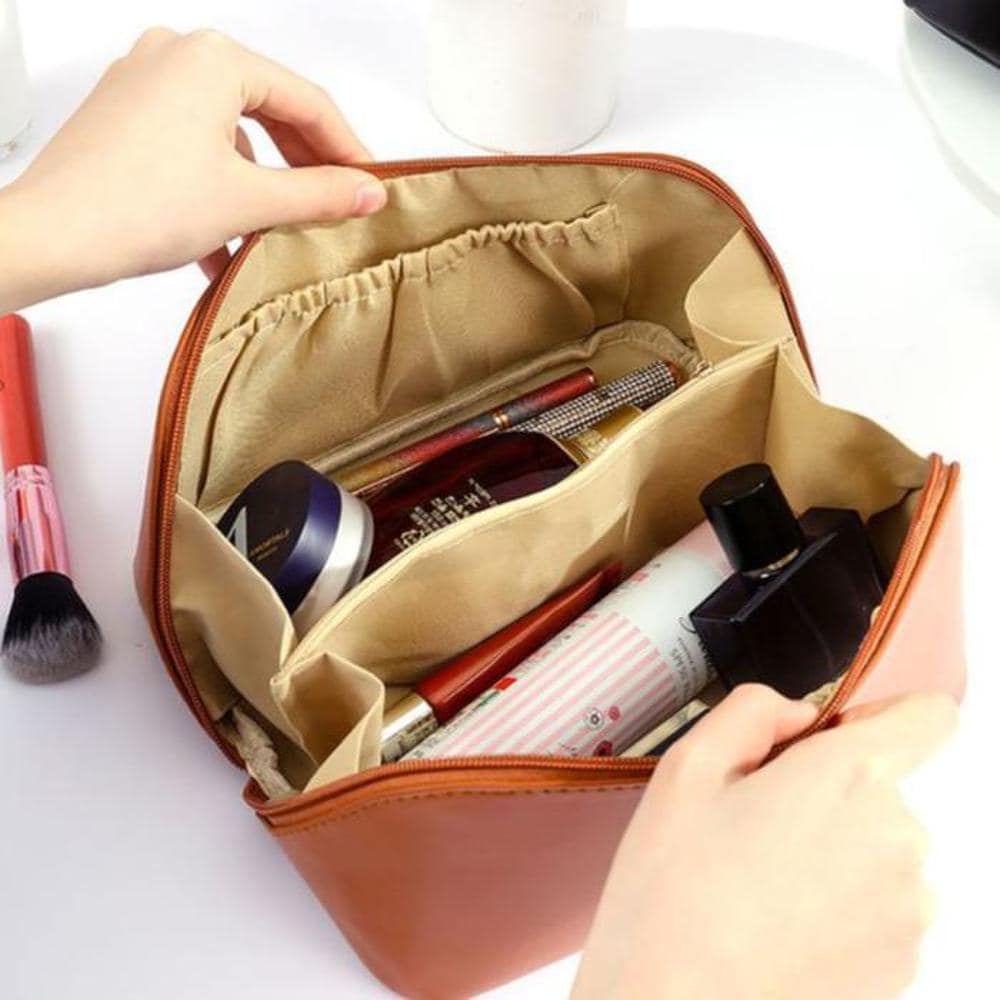 

Large Capacity Leather Travel Cosmetic Pouch Makeup Box Bag Brown