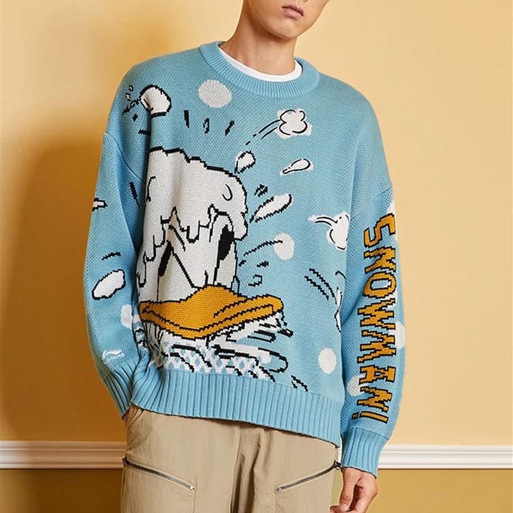 LI-NING Unisex 2021 Winter Disney Donald Duck Co-branded Crew Neck Loose Knit Sweater Off-White/Blue AMBR018-1