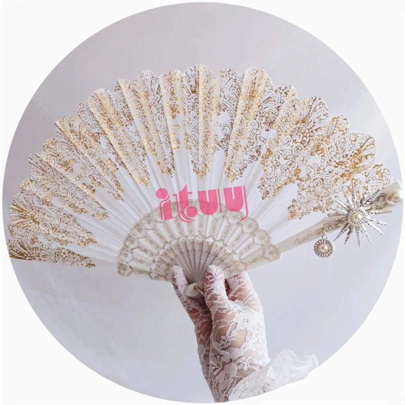 Handmade Lolita Vintage Gothic Black White Lace Hand Fan Golden Sun Flower Cross Folding Hand Fan for Photo Props Show Dancing