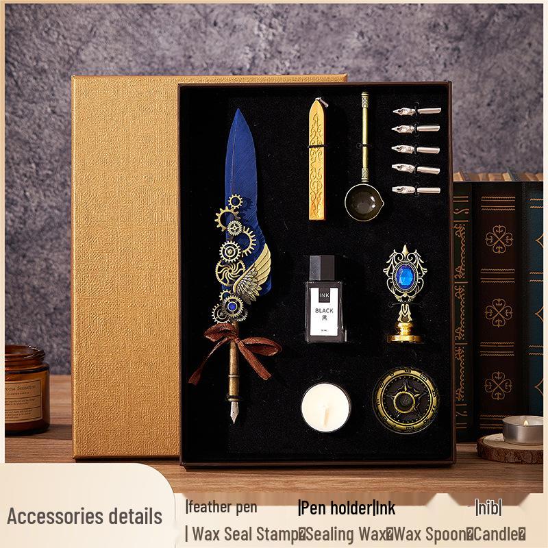 Set stilou cu peniță din pană retro european, cu stil punk mecanic și sigiliu cu ceară - Cadou ideal de ziua de naștere