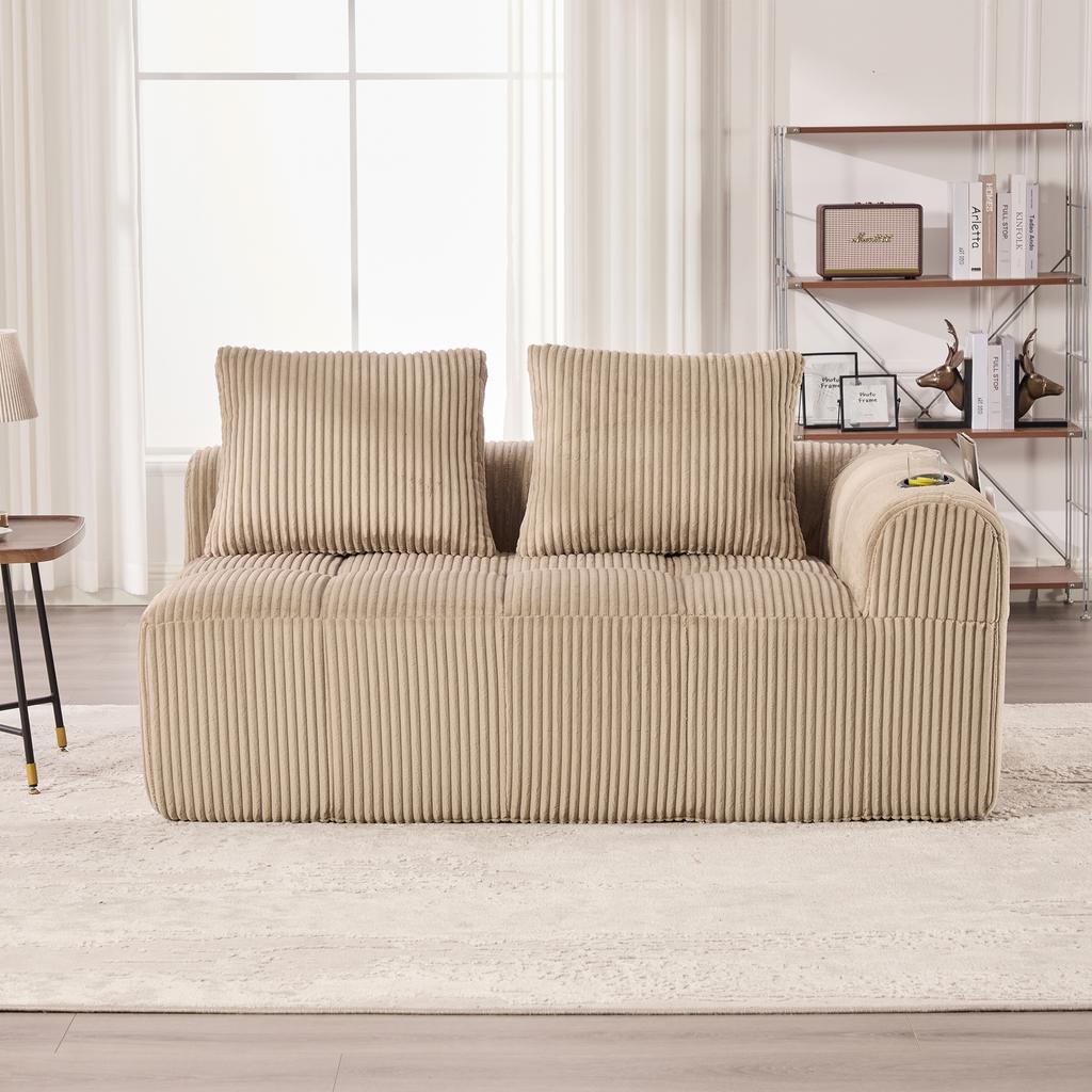 Cozy Corduroy Two-Seater Sofa – No Assembly, Soft Back Cushions, Side Storage Pocket for Remote Control and Phone, Cup Holder – Neat and Aesthetic.