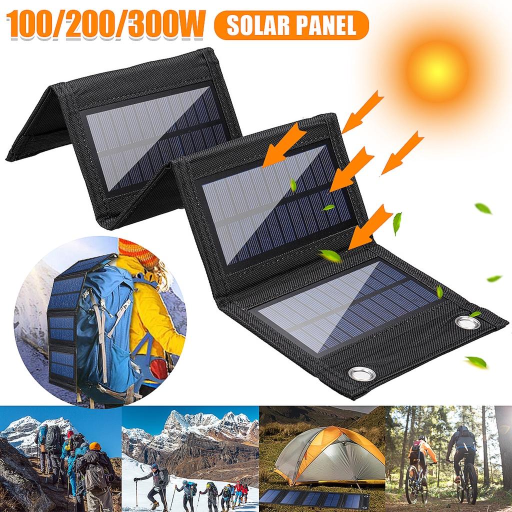 5V 100W/200W/300W USB Foldable Solar Panel Portable Flexible Small Waterproof Folding Solar Panels Cells For Mobile Phone Battery Charger Black