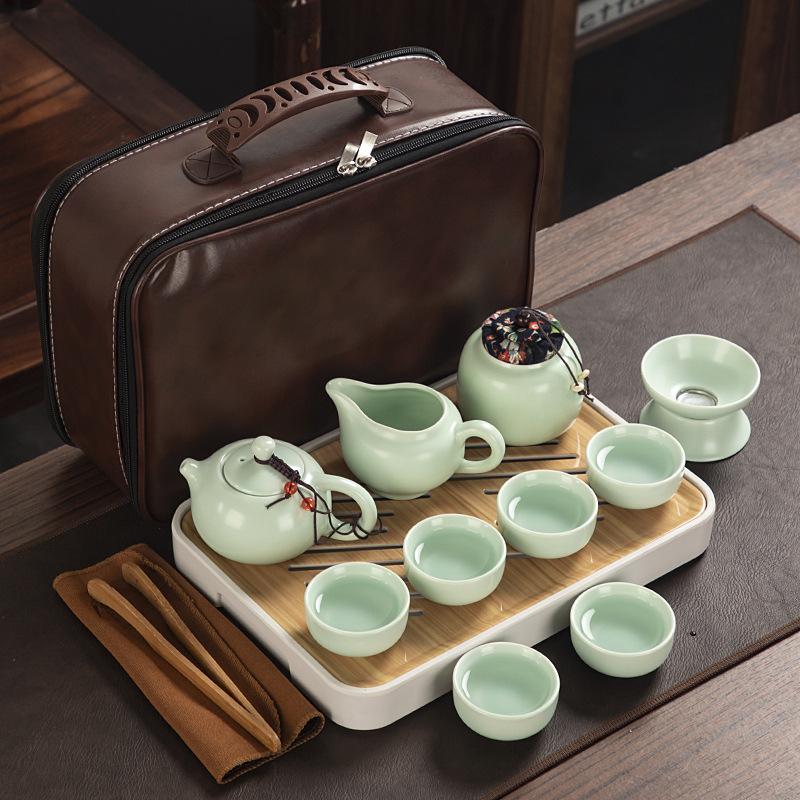 Travel ceramic Kung Fu tea set, tea tray, a full set of portable storage bags, practical business gifts for customers
