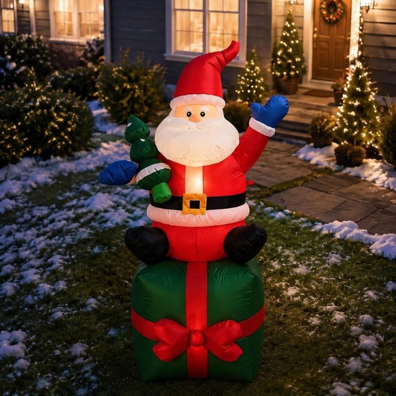 Lighted Christmas Inflatable Santa Holding Presents On a Colorful Gift, Electric Holiday Decoration for Shop Displays, Entryways, and Party Venues