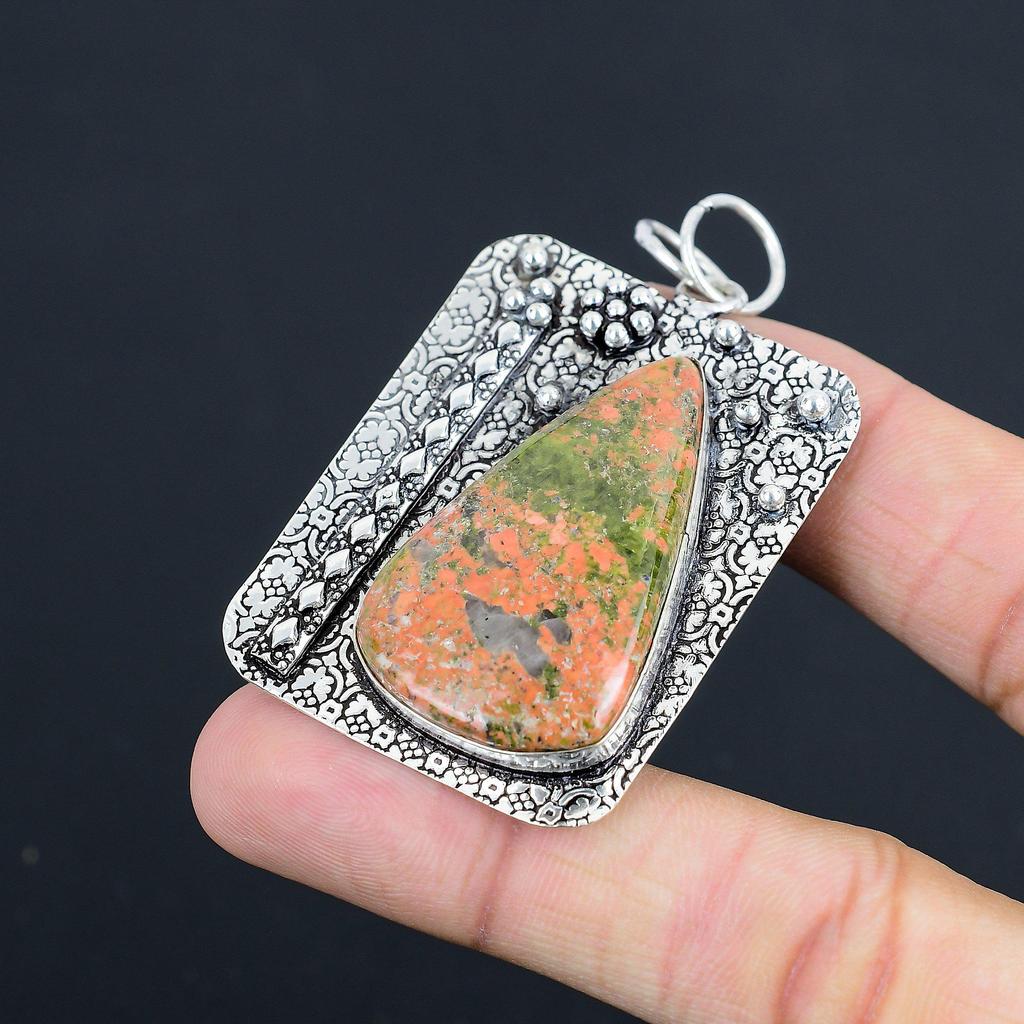 Natural Unakite Gemstone Pendant Red Handmade 925 Sterling Silver Indian Jewelry