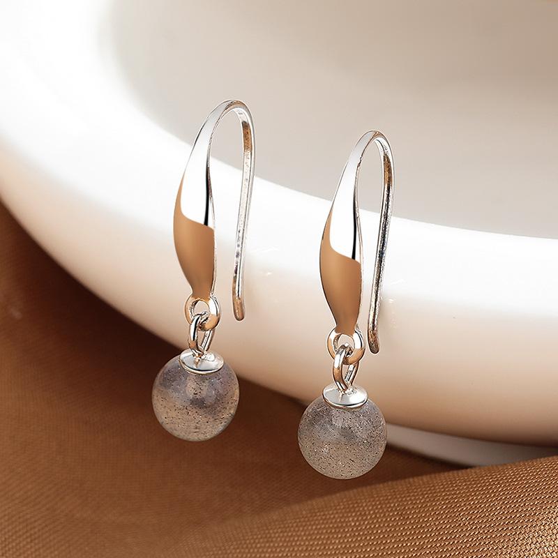 Versatile Temperament Natural Moonstone Earrings Women S Simple Ear Hook Plain Ring Niche Retro Jewelry