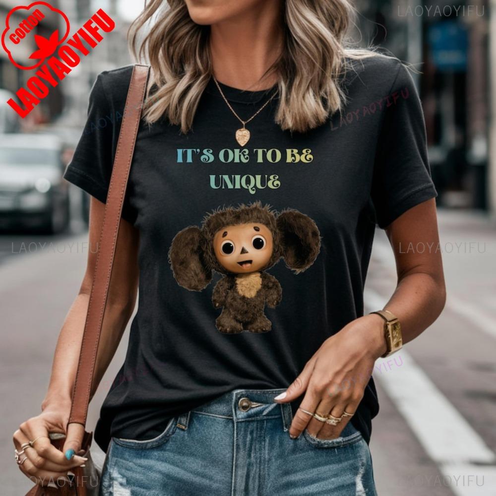 

Cheburashka Shirt Unique Cartoon Character Positive Message Women Tee Harajuku Aesthetic Clothes High Quality Cotton Tops 3XL