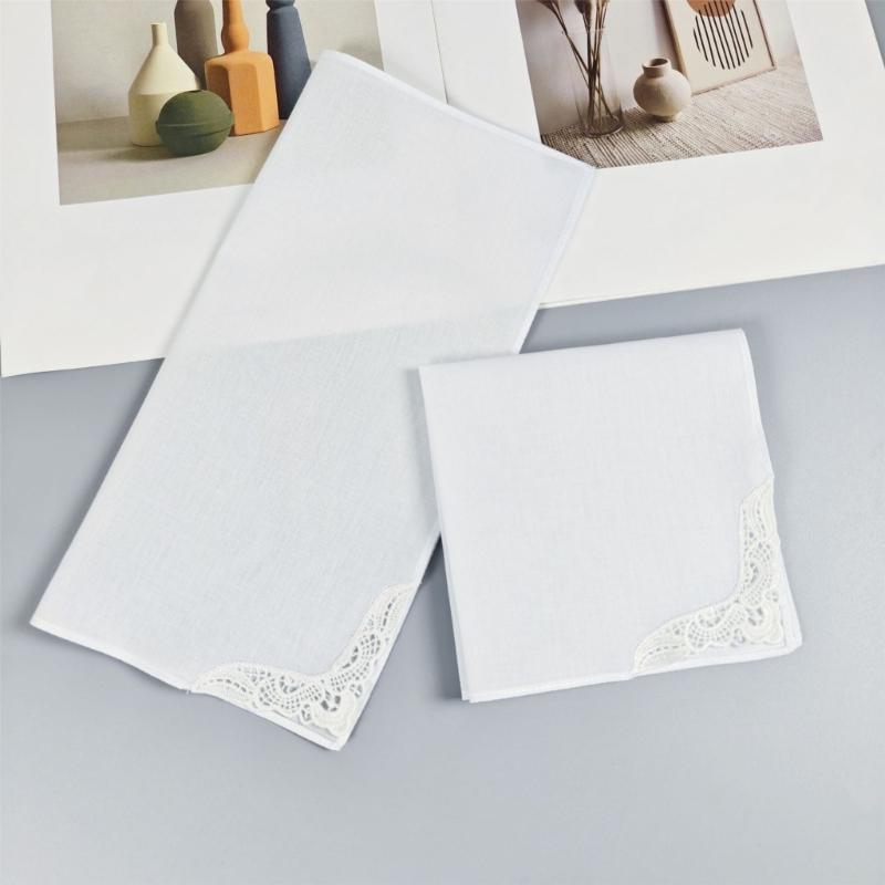 2Pcs French Lace Cotton Ladies Handkerchief with Lace Edge Handkerchiefs Breathable Ladies Hankies for Outdoor Commuting