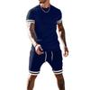 7 Colors Striped Patchwork Hem Woven Short Sleeve T Shirt Sets Men Summer Two Pieces Short Pants Suits Sportwear
