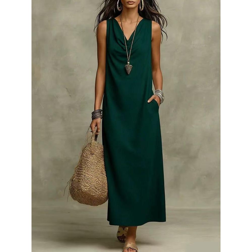 Women's Cowl Neck Sleeveless Loose Maxi Dress Casual Linen Cotton Summer Long Dress