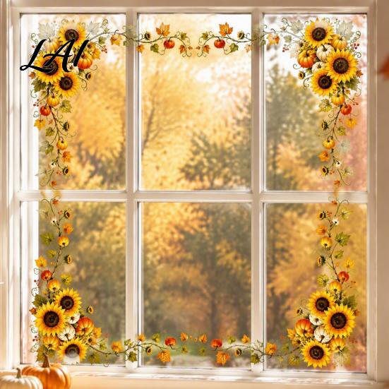 Fall Shop Window Display Harvest Festival Static Glass Sticker Autumn Clings with Maple Leaves Sunflowers And Home Ornaments Berries Prints Reusable