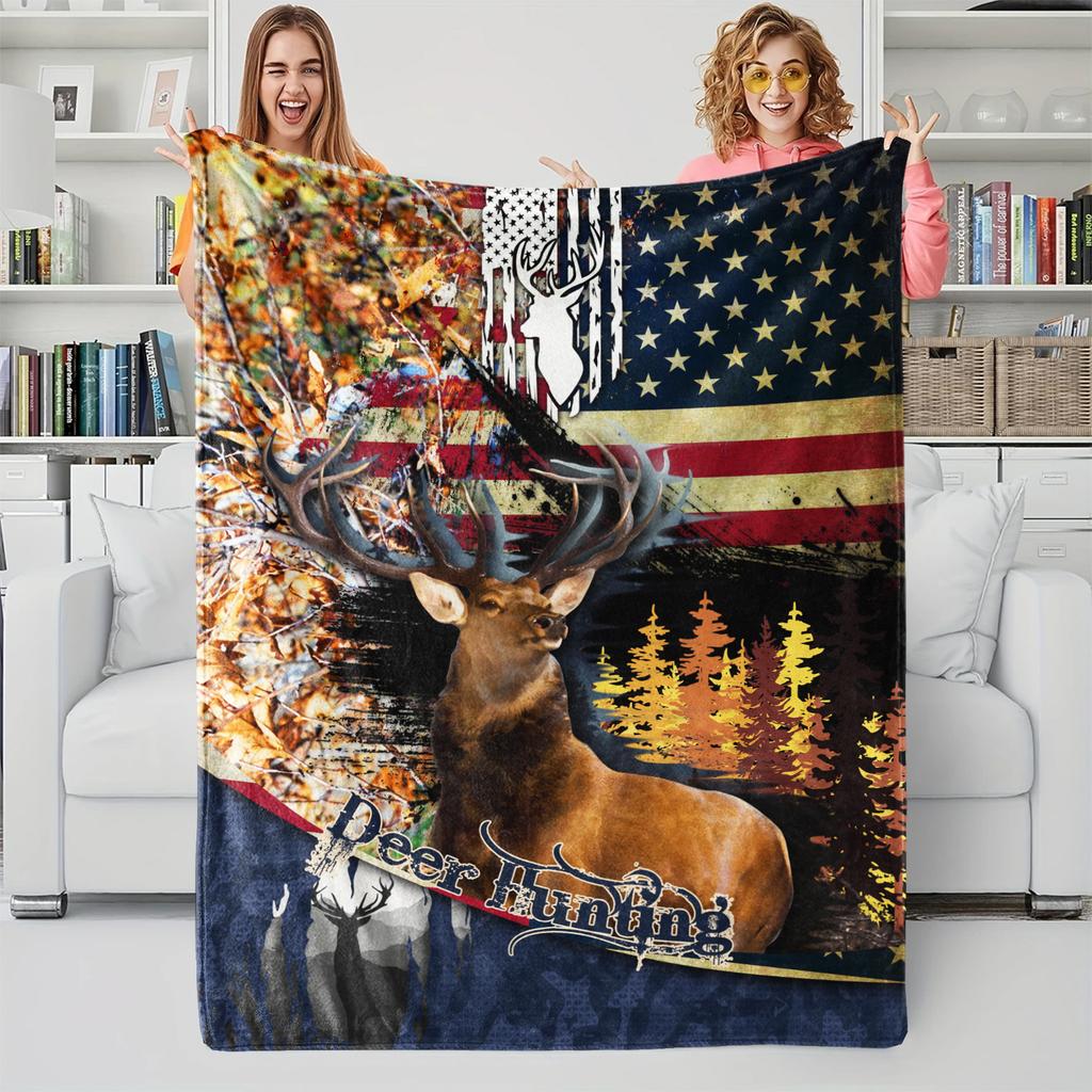 Flag Deer Printed Blanket,Soft Cozy Flannel Bed Blanket/Couch Blanket/Decorative Blanket/Camping Blanket,Perfect Holiday Gifts