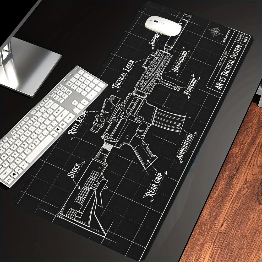 HYBXAXC Tactical Blueprint Gaming Desk Mat Mouse Pad Gun Schematic Deskpad NonSlip Cute Extended Gaming Keyboard Mats Gamer