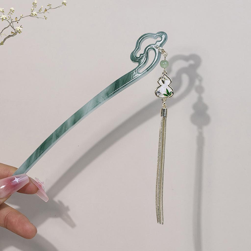 Ancient Chinese Style Hairpins Gradient Green Color Resin Hair Sticks Forks Chain Tassel Pendant Headpieces Hair Bun Maker