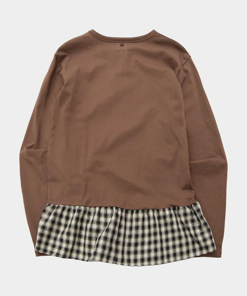 SOME PLACE Side Shirred Check Contrast Frill Button Layered Long Sleeve T-Shirt [Brown]