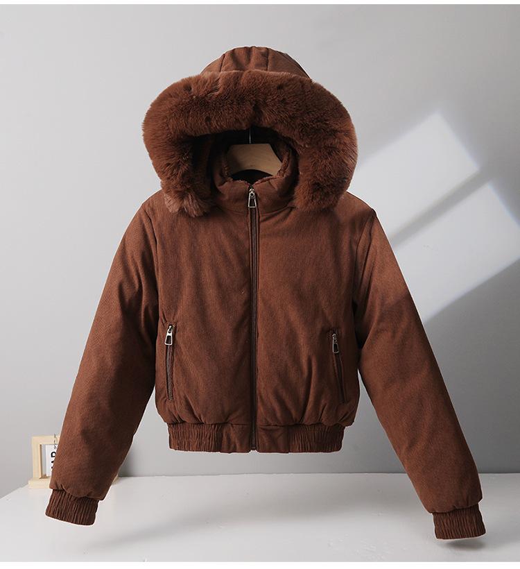 Women's Fleece-lined Cotton-padded Coat with Big Fur Collar Short Thickened Hooded Jacket