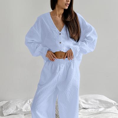 White Pure Cotton European and American Comfortable Loose Breathable New Long-sleeved Trousers Season Thin Pajamas Women's Suit Loungewear