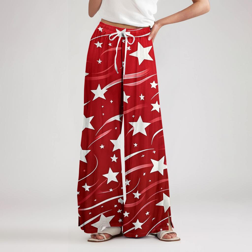 Ladies' loose casual independent day printed wide leg pants with elastic waist drawstring and pocket pants