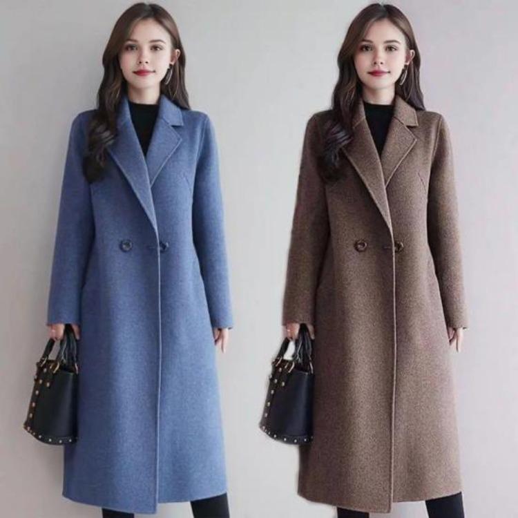 Thermal Winter Coat Women Double Breasted Overcoat Turn Down Collar Long Sleeved Loose Fit Jacket Solid Color Pockets Commuting Dating Spring Fall
