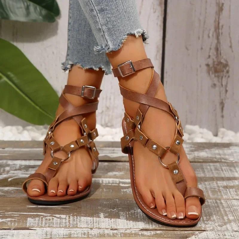Fashion Rome Women Shoes 2025 Summer Women's Sandals Retro Ankle Buckle Rivet Flat Sandals British Style Plus Size 36-43 Ladies Shoes