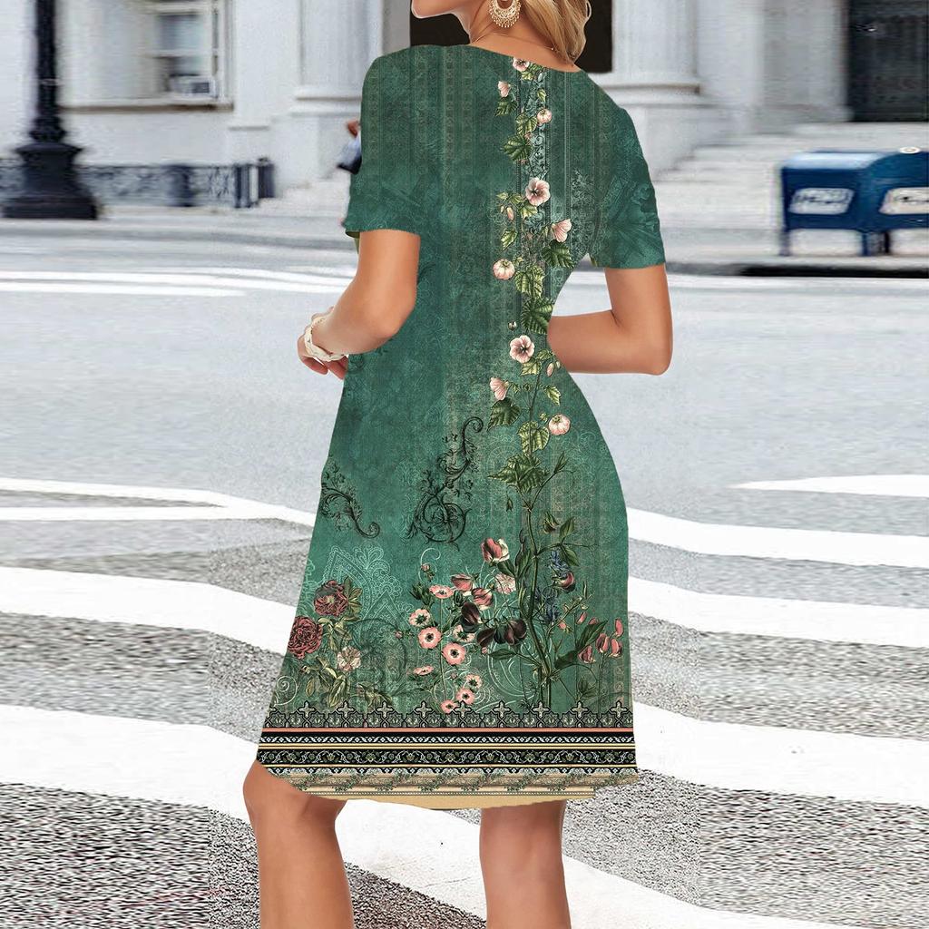 Women's Short Sleeve Dress Pleated Loose Swing Casual Dress With Pockets Knee Length Dresses