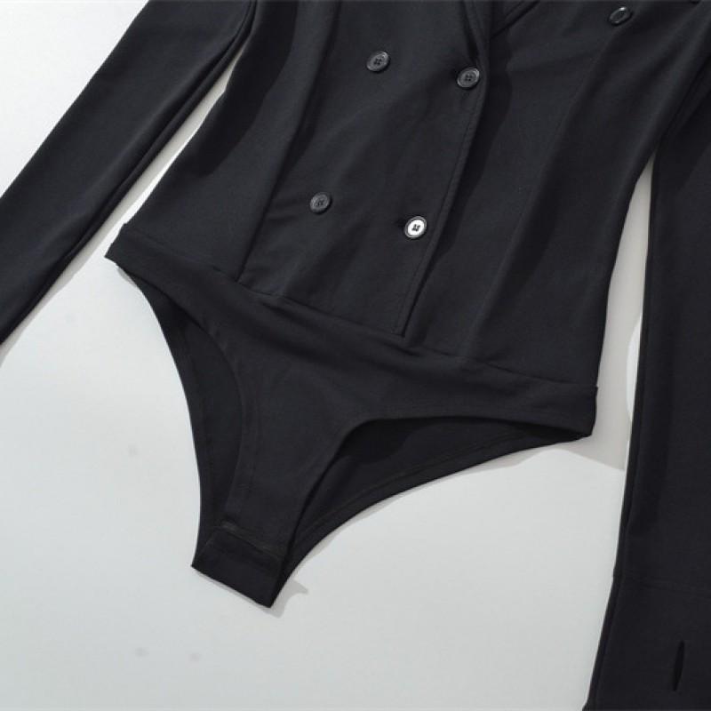 Sexy Blazer Collar Double-breasted Jumpsuit Slim Fit Black Outerwear Women
