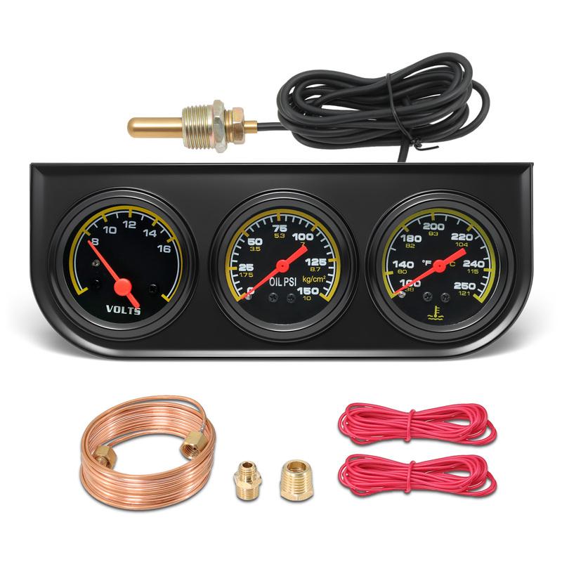 52mm Triple Kit Water Temp Gauge + Voltage + Oil Pressure Gauge With Sensor 3in1 Car Meter 150psi Oil Press 100-250°F Temp
