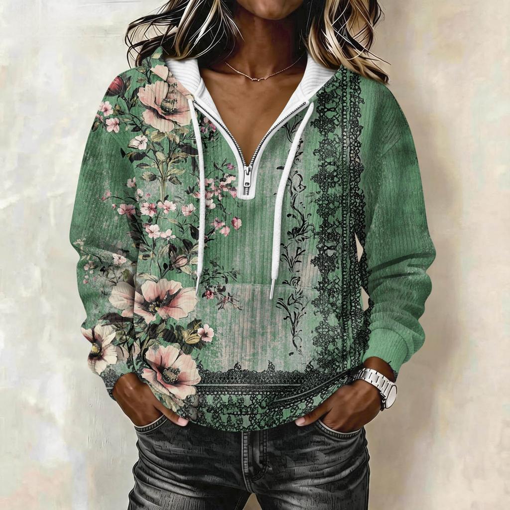 Women's Retro Print Long Sleeve Pullover Hoodie with