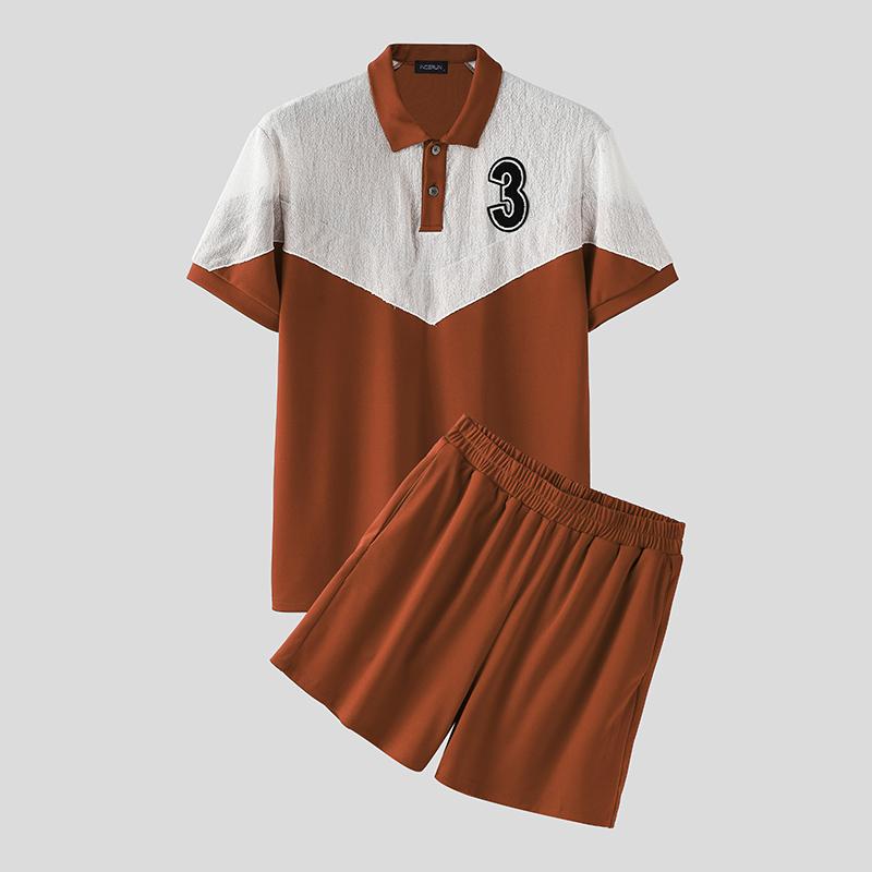 

INCERUN Summer Men 2PCS Sets Mesh Patchwork Short Sleeves Tops Shorts Pants Outfits 5XL коричневый