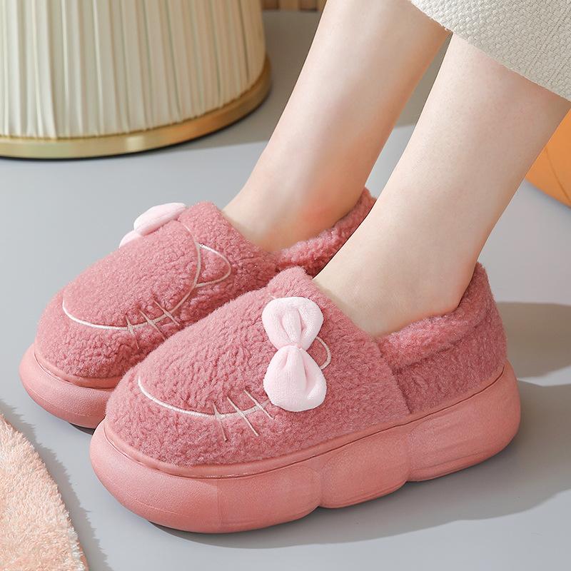 Women's Thick Soled Bag Home Fashion Bow Slippers Winter Velvet Height Increasing Dormitory Warm and Non Slip Cotton Shoes