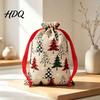 Reusable Holiday Bags Christmas Tree Print Drawstring Gift Bags Faux Linen Xmas Treat Bag Wrapping Candy & Apple Storage Pouch for