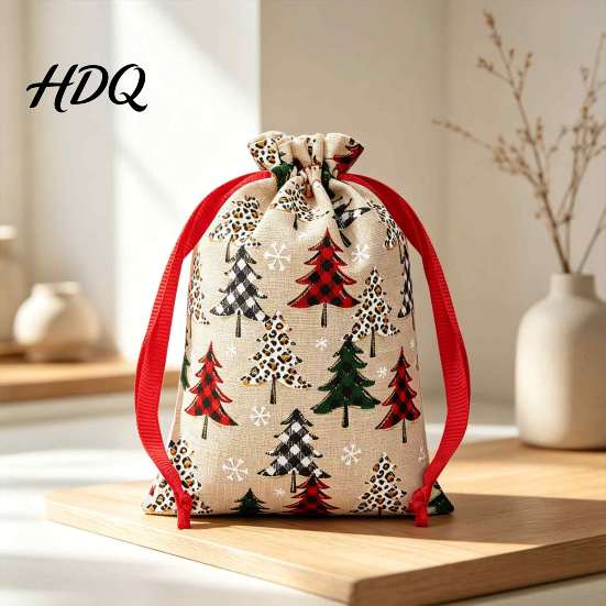Reusable Holiday Bags Christmas Tree Print Drawstring Gift Bags Faux Linen Xmas Treat Bag Wrapping Candy & Apple Storage Pouch for