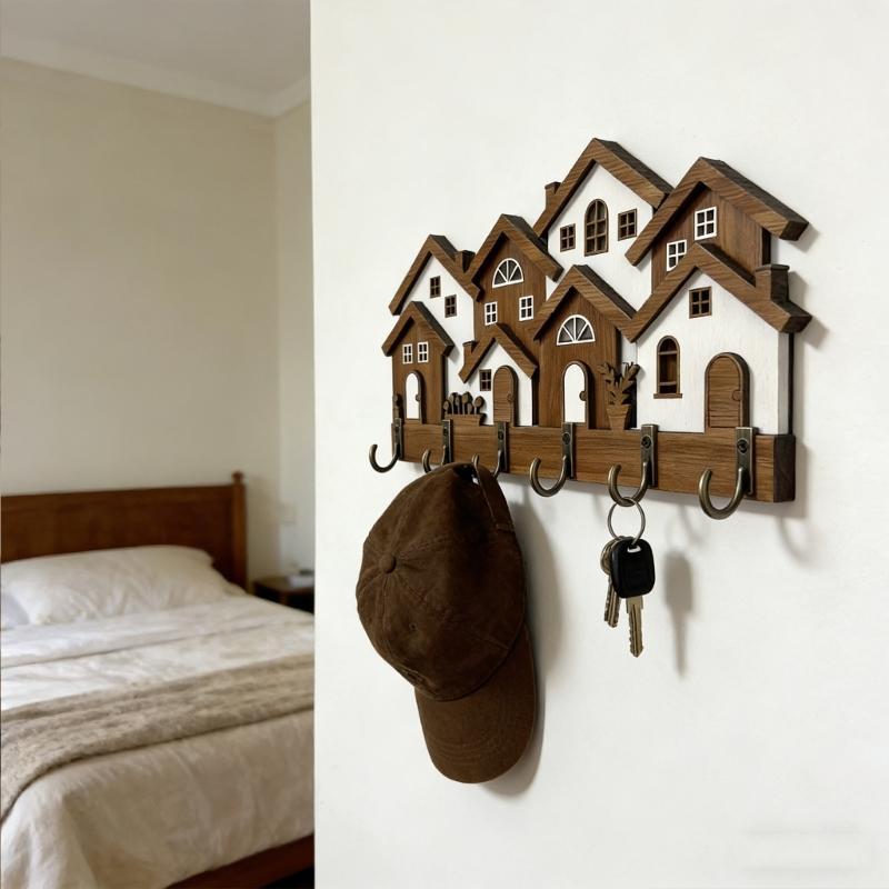 Retro Inspires Wood Key Holder With 3D House Shape Decorative Wooden Hanger For Keys And Small Items