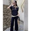 Womens Knit Polo Top Wide-Leg Pants Set 2025 Loose Fit Slimming Casual Outfit In Black Gray Camel