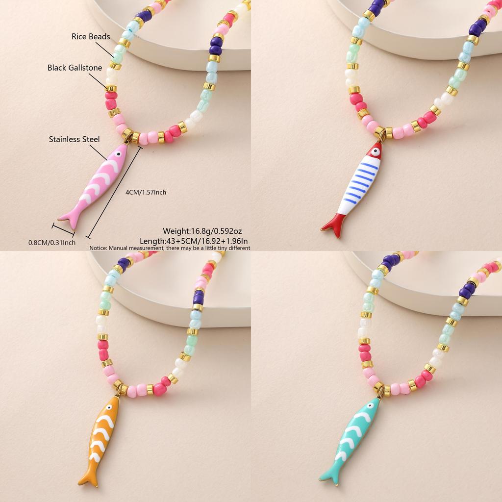 Collana con Ciondolo Pesce Bohemien con Perline Colorate e Catena in Acciaio Inossidabile per Donne e Uomini
