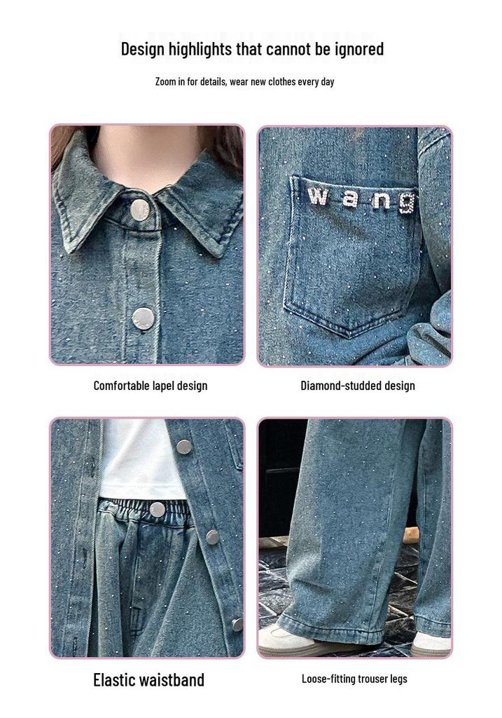 Rhinestone Denim Set voor Meisjes: Stijlvol Shirt & Wijde Broek voor Lente & Herfst (2026)