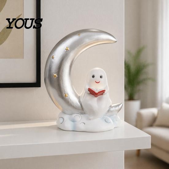 Starry Moon Ghost Gift Cute Reading Book Ornament, Luminous Resin Figurine, Fall Seasonal Decoration Night Light for Halloween Home Desktop Decorative