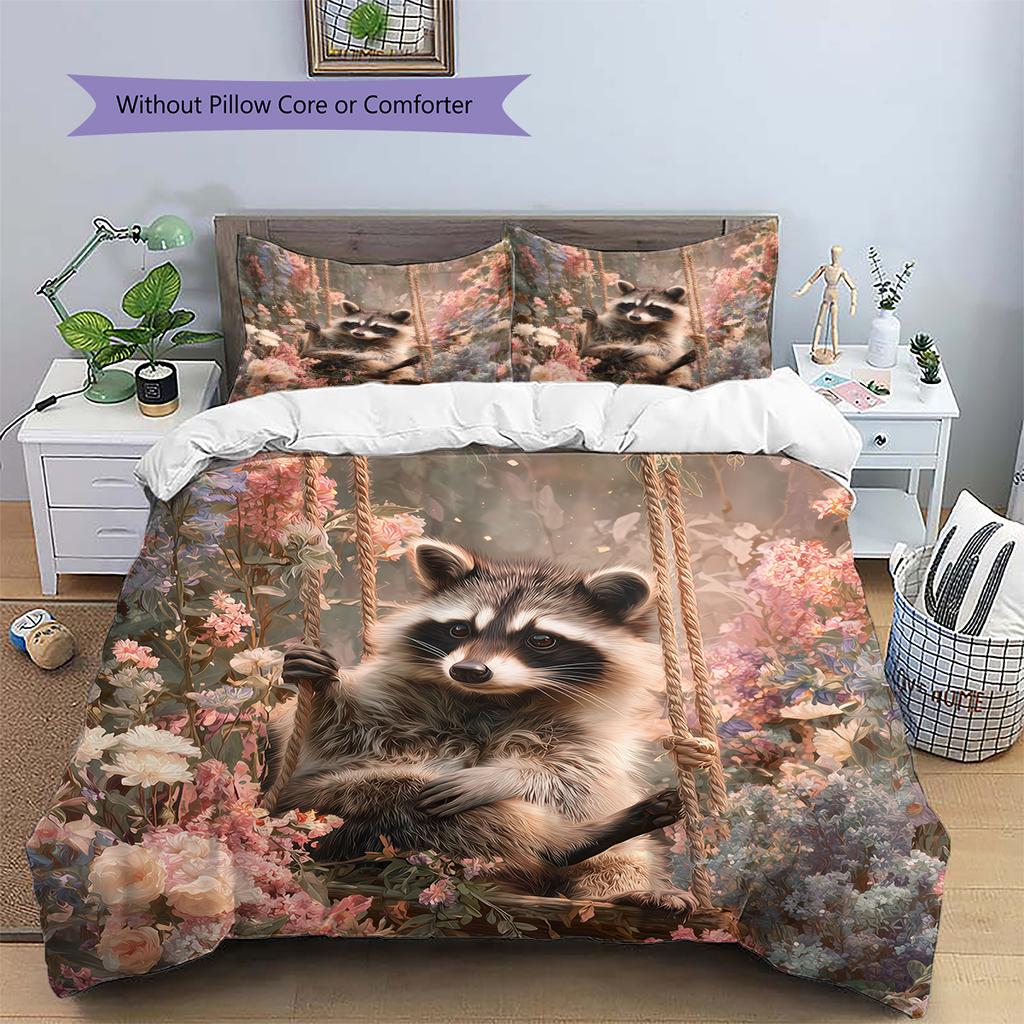 Raccoon and Flowers Pattern Bedding Home Decoration Birthday Gift (1 * duvet cover + 2 * pillowcase, without core)