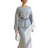 2025 Autumn European & American V-Neck Tie-Waist Short-Sleeve High-Waisted Skirt Set